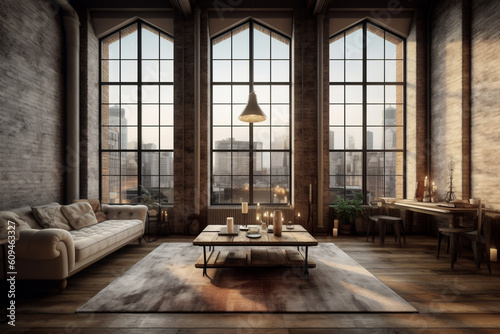 Loft living room with large window, elegant luxury classic home with large windows at sunset. Generative AI 3D render home interior design © fabioderby