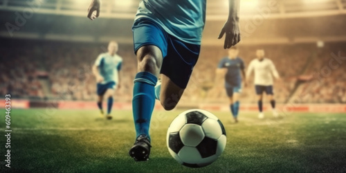 Cropped image of running soccer, football player at stadium during football match. Ai generative