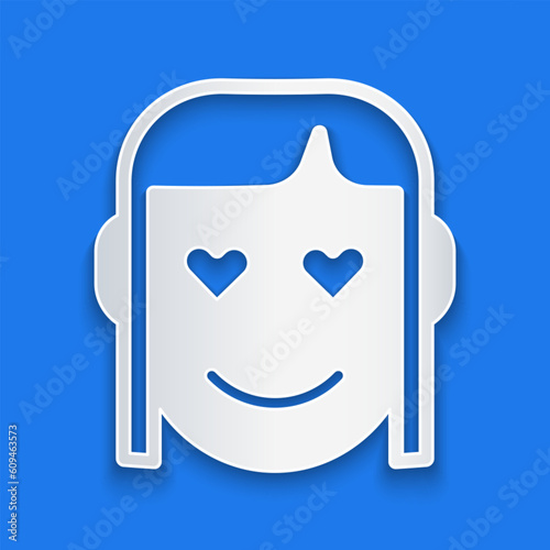 Paper cut Romantic girl icon isolated on blue background. Happy Valentines day. Paper art style. Vector