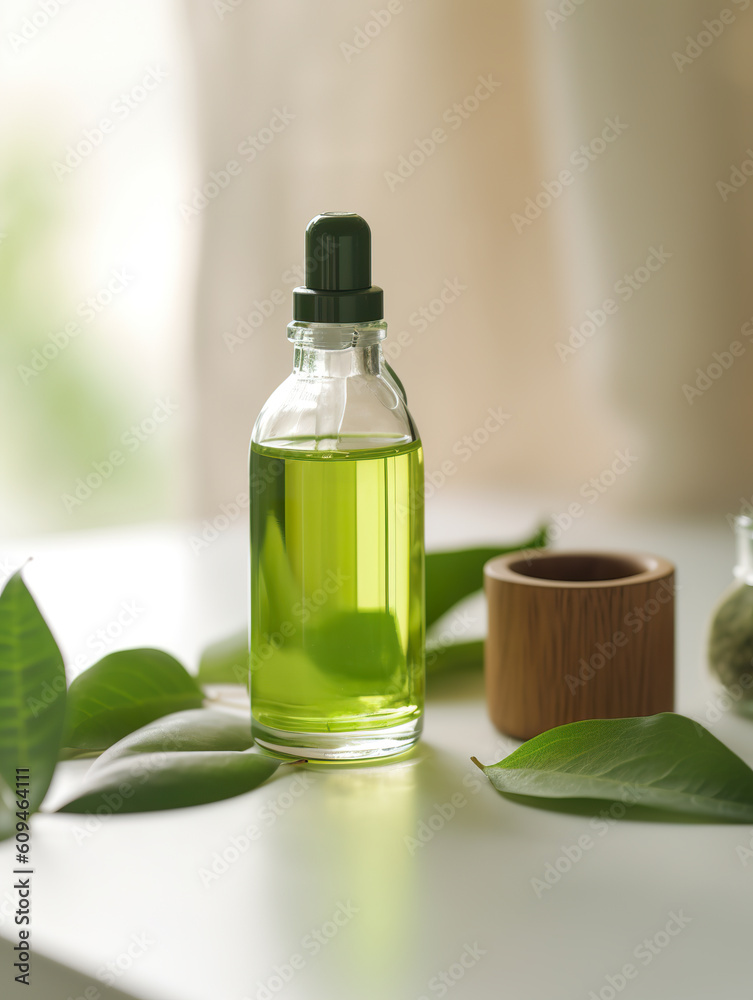 Green cosmetic bottle with dispenser, fresh mint and water drops. Organic cosmetics concept. A small bottle of liquid soap spray next to green tea leaves matcha bathroom background. Generative AI