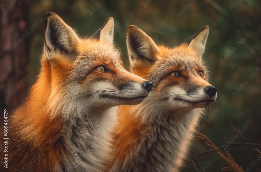 Close-up portrait of two red foxes in the forest. Created with Generative AI tools
