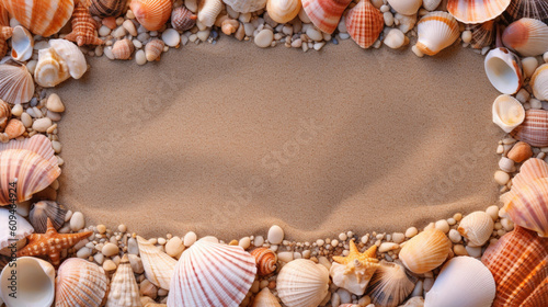 Frame of seashells on the beach. IA generative. © Moon Project