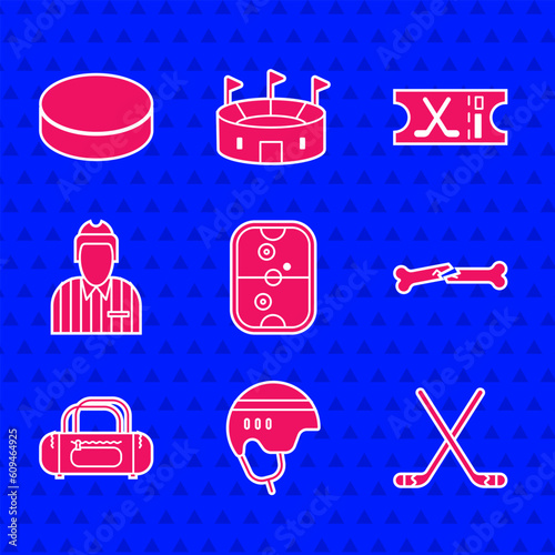 Set Air hockey table, Hockey helmet, Ice sticks, Human broken bone, Sport bag, judge, referee, arbiter, sports ticket and puck icon. Vector