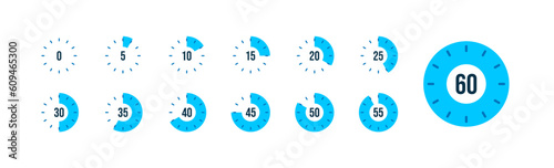 Set of timer. Stopwatch icons set. Countdown 0, 5, 10, 15, 20, 25, 30, 35, 40, 45, 50, 55, 60 minutes. Timer symbol. Outline stopwatch icon. Alarm pictogram. Vector, Transparent background