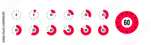 Set of timer. Stopwatch icons set. Countdown 0, 5, 10, 15, 20, 25, 30, 35, 40, 45, 50, 55, 60 minutes. Timer symbol. Outline stopwatch icon. Alarm pictogram. Vector, Transparent background