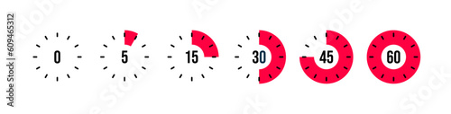 Set of timer. Stopwatch icons set. Countdown 0, 5, 15, 30, 45, 60 minutes. Timer symbol. Outline stopwatch icon. Alarm pictogram. Vector, Transparent background