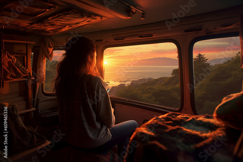 Rear view of woman sitting in van looking at beautiful nature view
