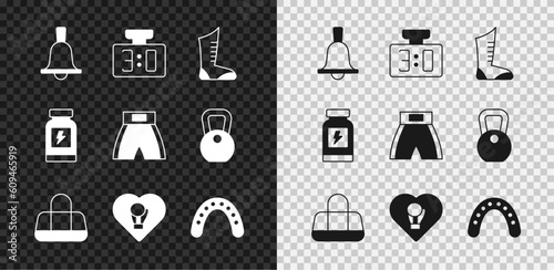 Set Boxing bell, Sport mechanical scoreboard, boxing shoes, bag, glove, Mouth guard boxer, Energy drink and short icon. Vector