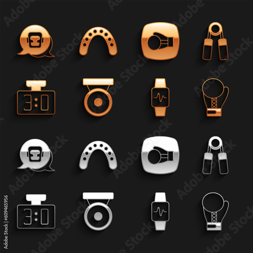 Set Boxing gong, Sport expander, glove, Smart watch with heart, mechanical scoreboard, helmet and Mouth guard boxer icon. Vector