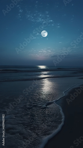 Super full moon and cloud in the yellow sky above the ocean horizon at midnight. A sunset with the sun setting behind the ocean. Realistic 3D illustration. Generative AI