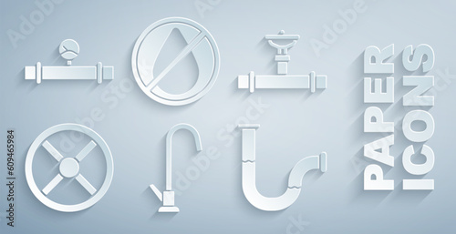 Set Water tap, Industry pipe and valve, metallic, drop forbidden and manometer icon. Vector