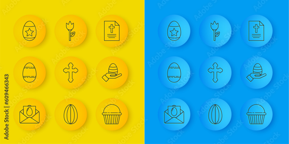 Set line Greeting card with Happy Easter, egg, Christian cross, cake, Human hand and easter, and Flower tulip icon. Vector