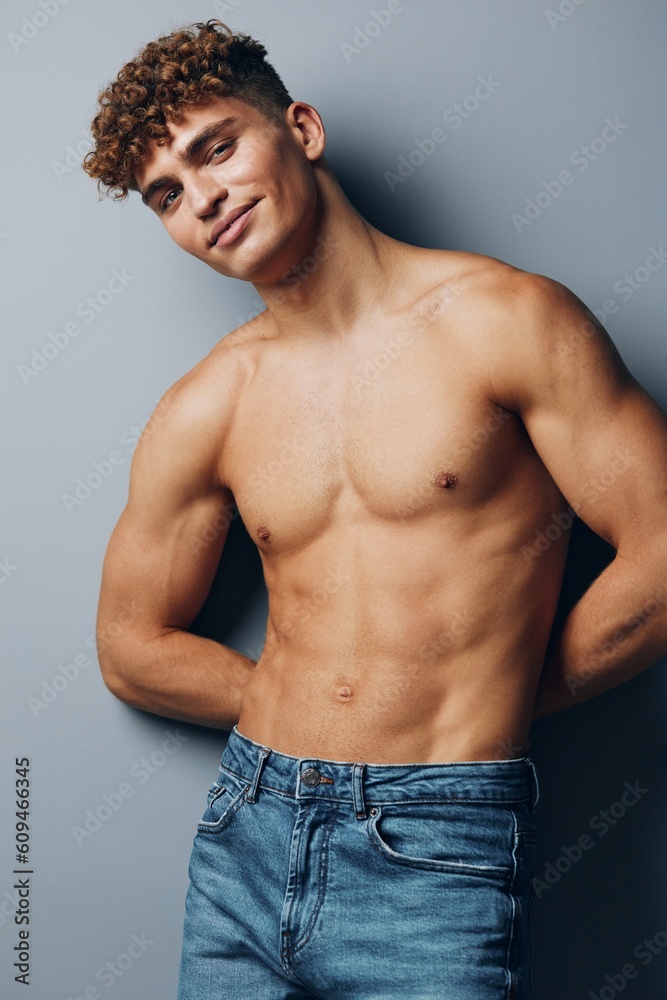 man athletic guy standing background adult healthy curly muscle smile handsome