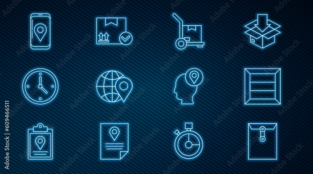 Set line Envelope, Wooden box, Hand truck and boxes, Location on the globe, Fast time delivery, Mobile with app tracking, Delivery man cardboard and Package check mark icon. Vector Set line Envelope, Wooden box, Hand truck and boxes, Location on the globe, Fast time delivery, Mobile with app tracking, Delivery man cardboard and Package check mark icon. Vector