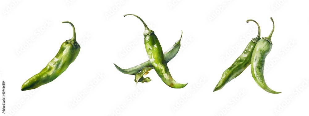 Set of watercolor chili peppers, spicy ,spicy vegetables. Generative AI technology.