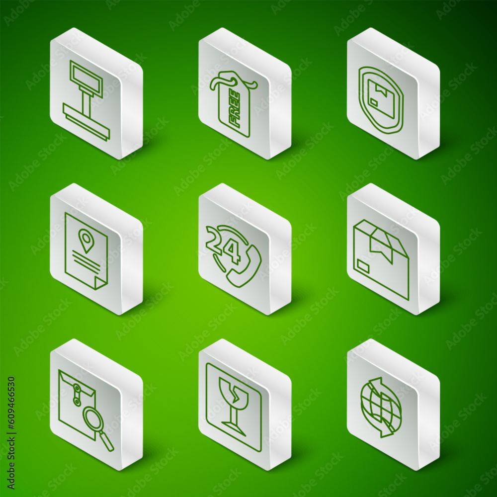 Set line Worldwide, Fragile broken glass, Scale, Telephone 24 hours support, Document tracking marker system, Price tag with Free, Envelope magnifying and Carton cardboard box icon. Vector Set line Worldwide, Fragile broken glass, Scale, Telephone 24 hours support, Document tracking marker system, Price tag with Free, Envelope magnifying and Carton cardboard box icon. Vector