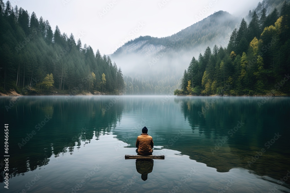 black forest lake in the mountains, Guy paddling for social media