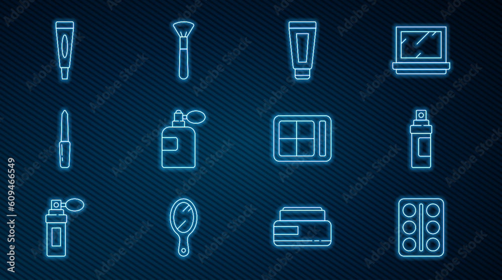 Set line Eye shadow palette, Perfume, Cream or lotion cosmetic tube, Nail file, and Makeup brush icon. Vector