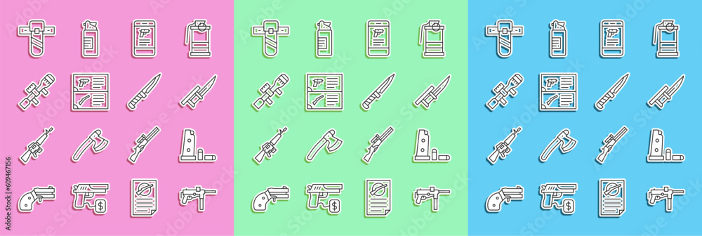 Set line Submachine gun M3, Gun magazine and bullets, Bayonet on rifle, Shop weapon mobile app, Weapon catalog, Sniper optical sight, Knife holster and Military knife icon. Vector