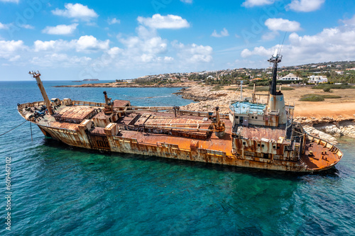 Fototapeta Naklejka Na Ścianę i Meble -  Cyprus - Abandoned shipwreck EDRO III in Pegeia, Paphos from amazing drone view