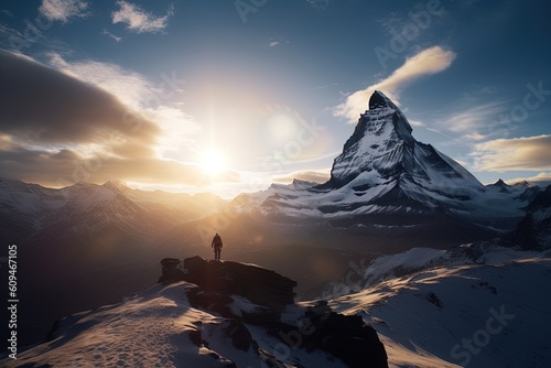 sunrise in the swiss mountains, matterhorn in the background, hiking, getting to the top,  © andy_boehler