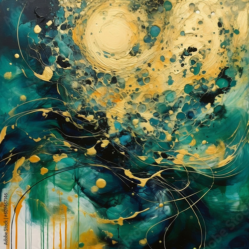 abastract paiting in green and gold magical generative ai