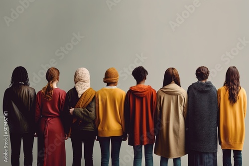 group of people in a row, different ethnicity, religion and skin color