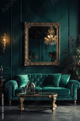 Photo of a Modern Dark Interior Design, turquoise colored furniture, mixed style with vintage frames