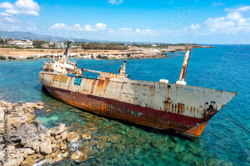 Fototapeta Naklejka Na Ścianę i Meble -  Cyprus - Abandoned shipwreck EDRO III in Pegeia, Paphos from amazing drone view