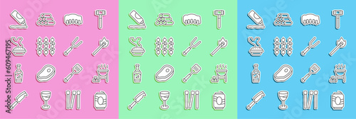 Set line Soda can, Barbecue grill, Burning match with fire, Grilled pork bbq ribs, shish kebab, Homemade pie, Ketchup bottle and fork icon. Vector