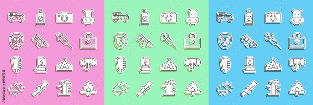Set line Campfire, Elephant, First aid kit, Photo camera, Fishing rod, Wild lion, Off road car and Syringe icon. Vector Set line Campfire, Elephant, First aid kit, Photo camera, Fishing rod, Wild lion, Off road car and Syringe icon. Vector