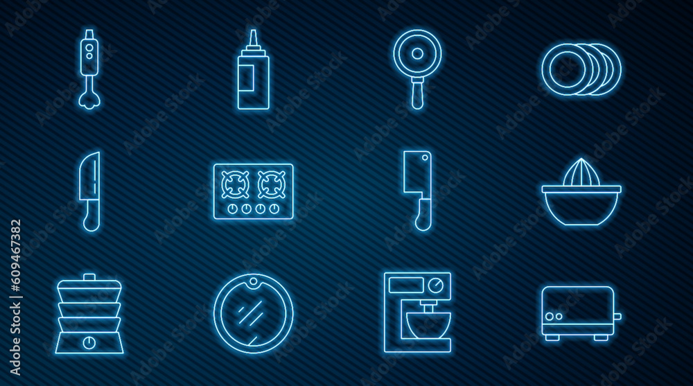 Set line Toaster, Citrus fruit juicer, Frying pan, Gas stove, Knife, Blender, Meat chopper and Sauce bottle icon. Vector Set line Toaster, Citrus fruit juicer, Frying pan, Gas stove, Knife, Blender, Meat chopper and Sauce bottle icon. Vector