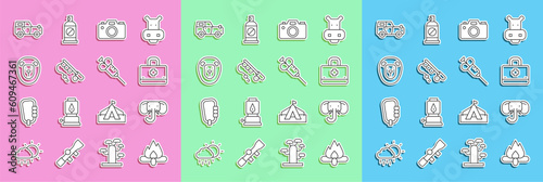 Set line Campfire, Elephant, First aid kit, Photo camera, Fishing rod, Wild lion, Off road car and Syringe icon. Vector