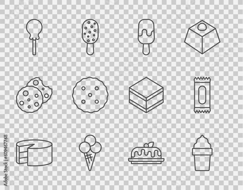Set line Cake, Ice cream in waffle cone, Lollipop, Cookie or biscuit, and Candy icon. Vector
