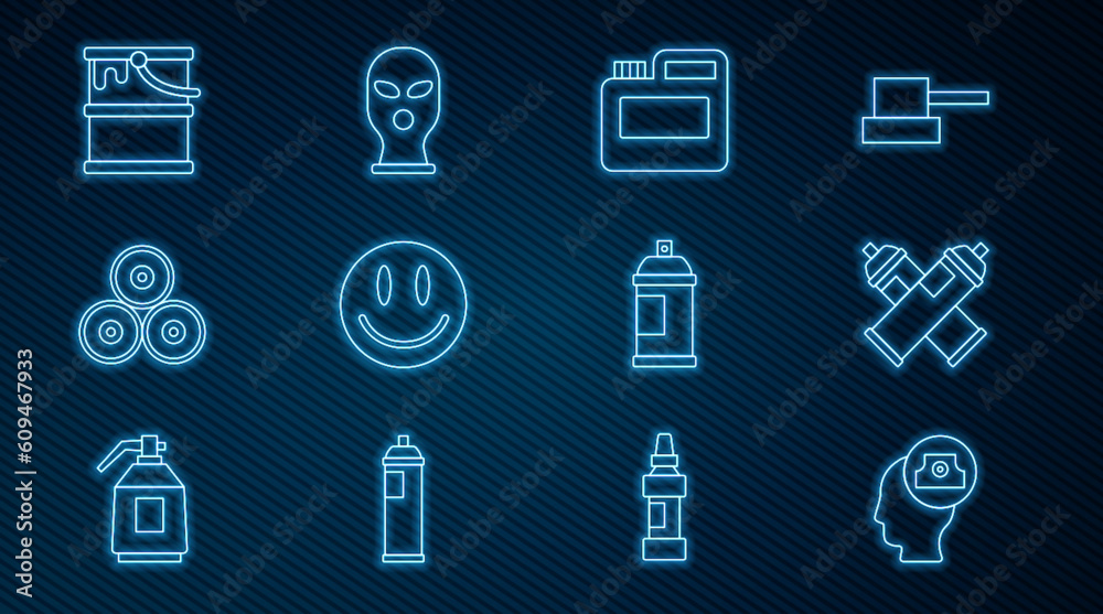 Set line Spray can nozzle cap, Paint spray, Paint, gouache, jar, dye, Smile face, bucket, and Balaclava icon. Vector Set line Spray can nozzle cap, Paint spray, Paint, gouache, jar, dye, Smile face, bucket, and Balaclava icon. Vector