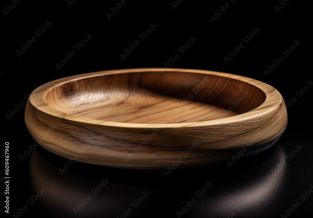 A wooden tray on a black background. Empty wooden plate on dark kitchen table. Round burnt wooden serving board on gray. Realistic 3D illustration. Generative AI A wooden tray on a black background. Empty wooden plate on dark kitchen table. Round burnt wooden serving board on gray. Realistic 3D illustration. Generative AI