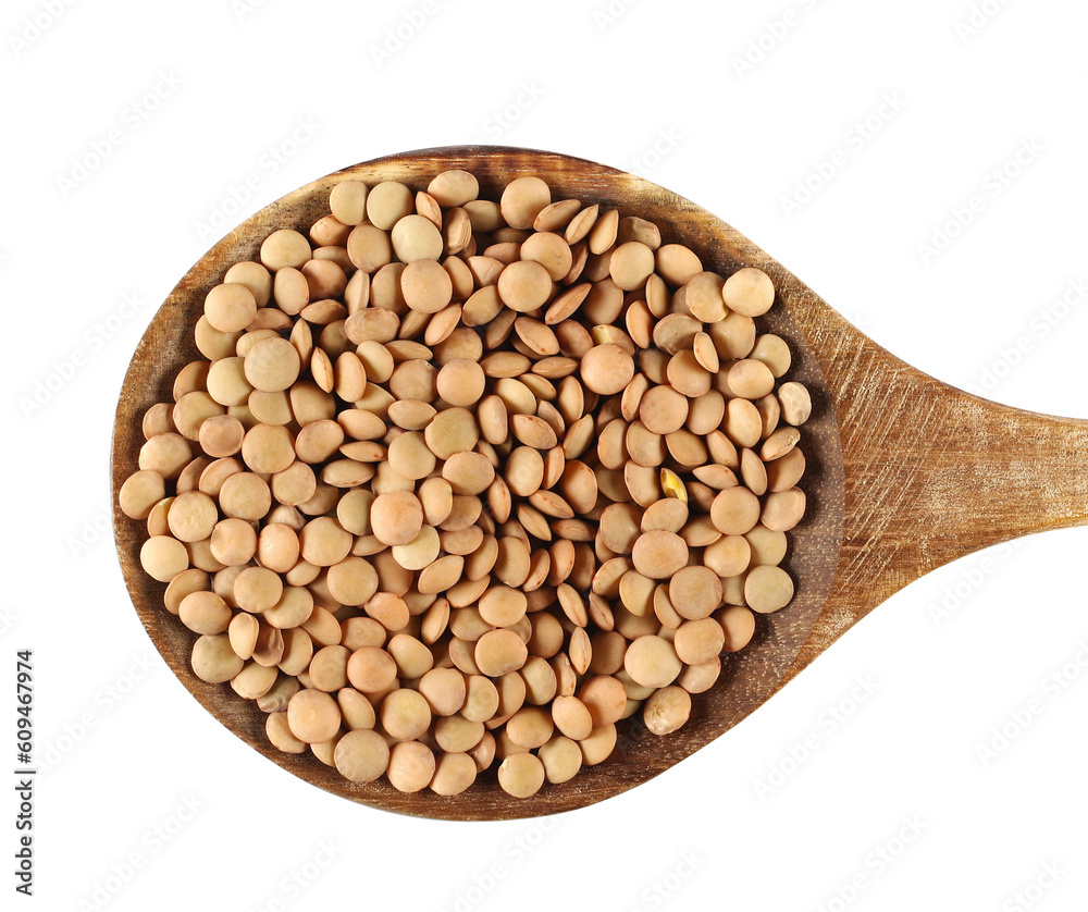 Pile green lentils uncooked in wooden spoon isolated on white, top view Pile green lentils uncooked in wooden spoon isolated on white, top view