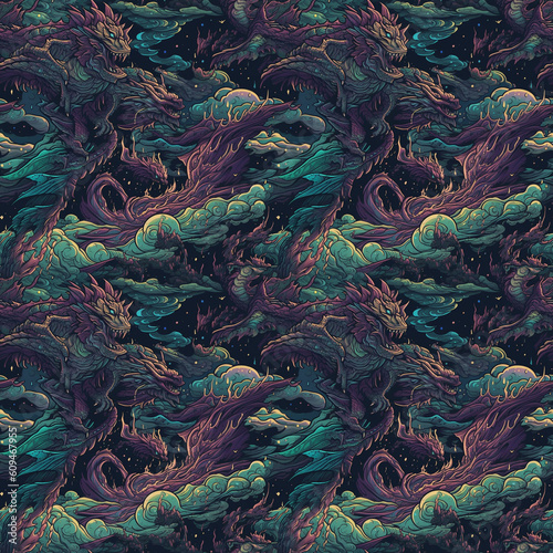 Terrible sea giant serpent dragons attack during a storm. AI generative illustration.