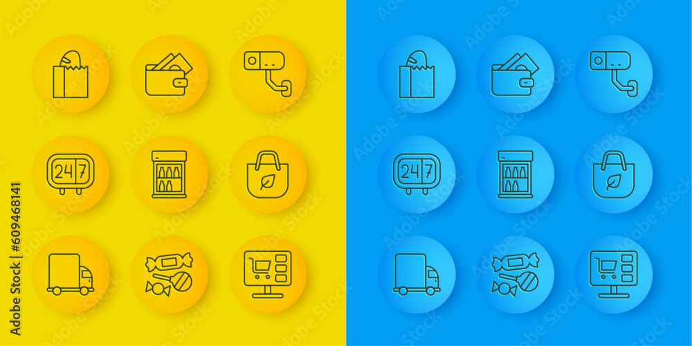 Set line Delivery cargo truck, Clock 24 hours, Commercial refrigerator, Shopping cart on computer, bag with recycle, Paper bread loaf, Security camera and Wallet money icon. Vector Set line Delivery cargo truck, Clock 24 hours, Commercial refrigerator, Shopping cart on computer, bag with recycle, Paper bread loaf, Security camera and Wallet money icon. Vector