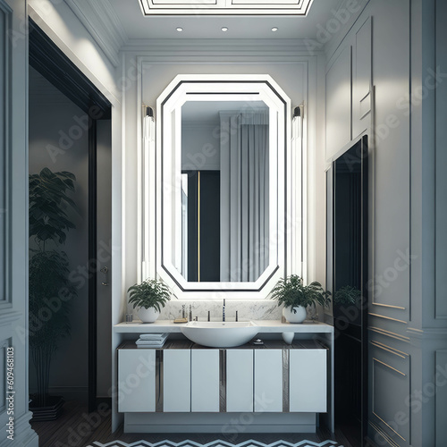 Art Deco Modern Bath room Big  Mirror With Lights Luxury Hotel Spa Feeling Generative Ai