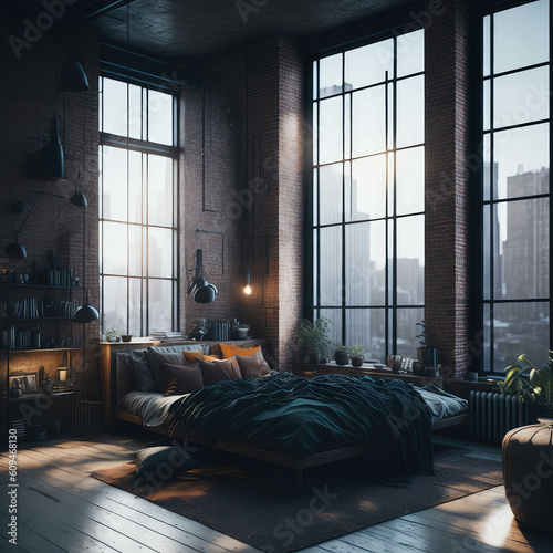 Industrial Architecture Style Bed Room Big Window View City, Neutral Colors, Green Plants Contrast Natural Light Generative Ai