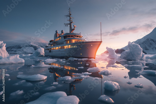 Ship in the ocean during winter slicing through iceburg. A painting of a ship. Icebreaker breaks ice hummocks and ice floes in the arctic ocean against of dramatic sky. Generative AI