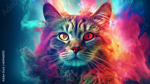 Front face of a cat completely made up of colorful smoke, universe background. IA generative.