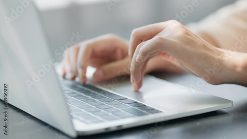 Close up on female hands business people typing on laptop computer keyboard, Freelance work anywhere, remote work, digital nomad concept.
