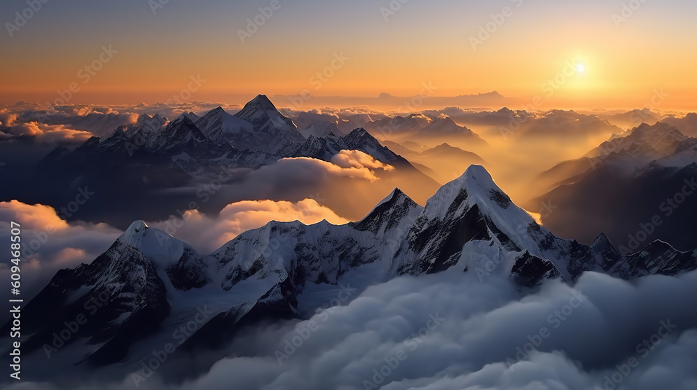 The beauty of Mount Everest clear sky and clouds sunrise soaring mountains beautiful sea of clouds. Autumn landscape and snowy mountain peaks. Fantastic sunset. Generative AI