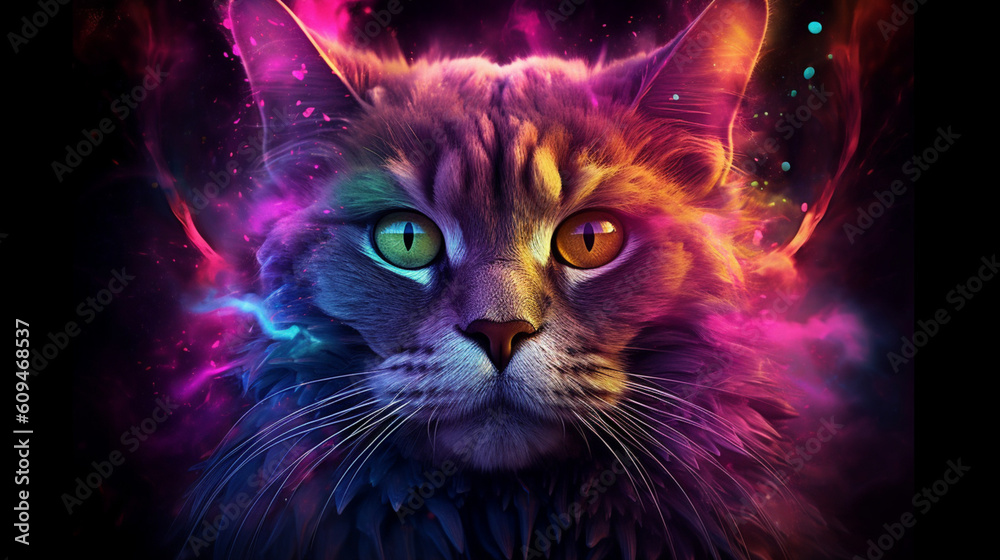 Front face of a cat completely made up of colorful smoke, universe background. IA generative. Front face of a cat completely made up of colorful smoke, universe background. IA generative.