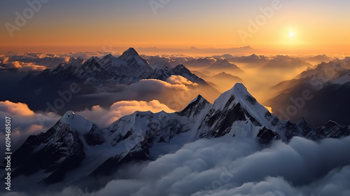 The beauty of Mount Everest clear sky and clouds sunrise soaring mountains beautiful sea of clouds. Autumn landscape and snowy mountain peaks. Fantastic sunset. Generative AI © Vagner Castro