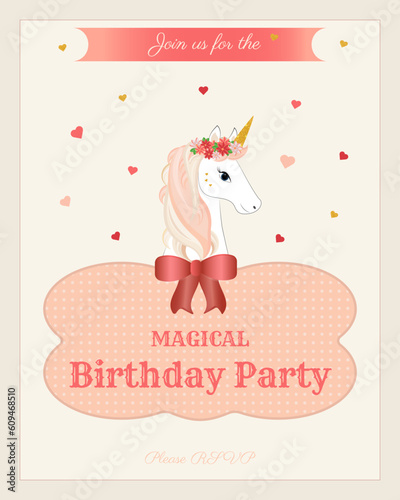 Birthday invitation  with unicorn, flowers, hearts