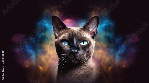 Front face of a cat completely made up of colorful smoke  universe background. IA generative.