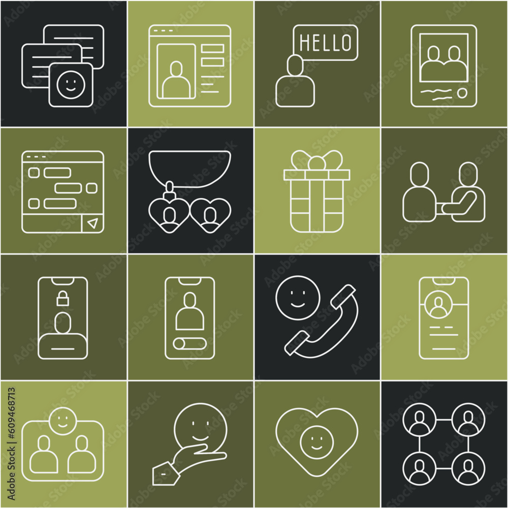 Set line BFF or best friends forever, Dating app online, Happy friendship day, Acquaintance, Necklace with heart shaped, Chat messages laptop, and Gift box icon. Vector Set line BFF or best friends forever, Dating app online, Happy friendship day, Acquaintance, Necklace with heart shaped, Chat messages laptop, and Gift box icon. Vector